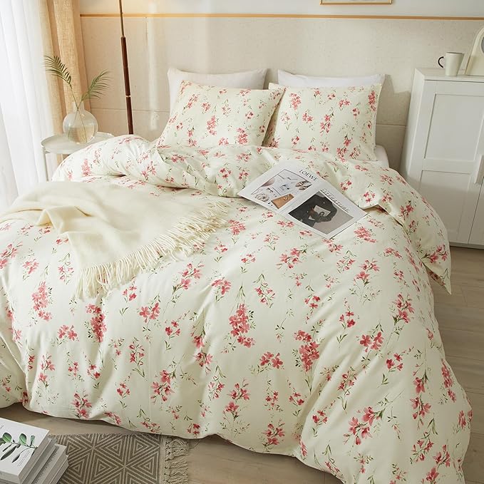 VM VOUGEMARKET Vintage Pink Flower Comforter Set Full Soft Cream Comforter Chic Floral Printed Bedding Set Vintage Botanical Comforter Set for Teen Girls 80x90 Inch