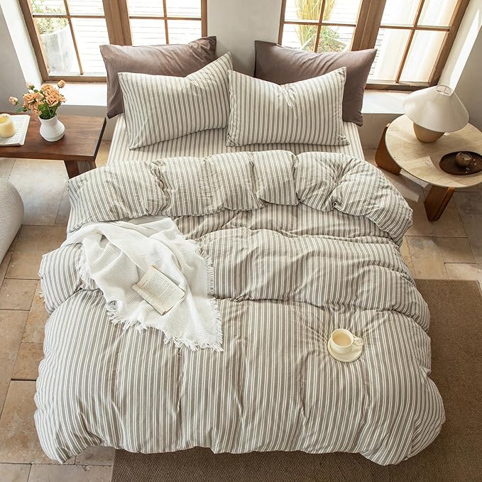 Luxury 100% Washed Cotton Linen Like Duvet Cover Set,3 Pcs Striped Trendy Bedding with Zipper Closure(Linen Grey,Twin)