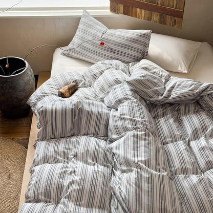 Striped Duvet Cover Queen Off White Washed Cotton Comforter Cover Queen Size Farmhouse Boho Soft Zipper Duvet Cover Set with 2 Pillowcases Grey Vertical Stripe Bedding Pattern Duvet Protector