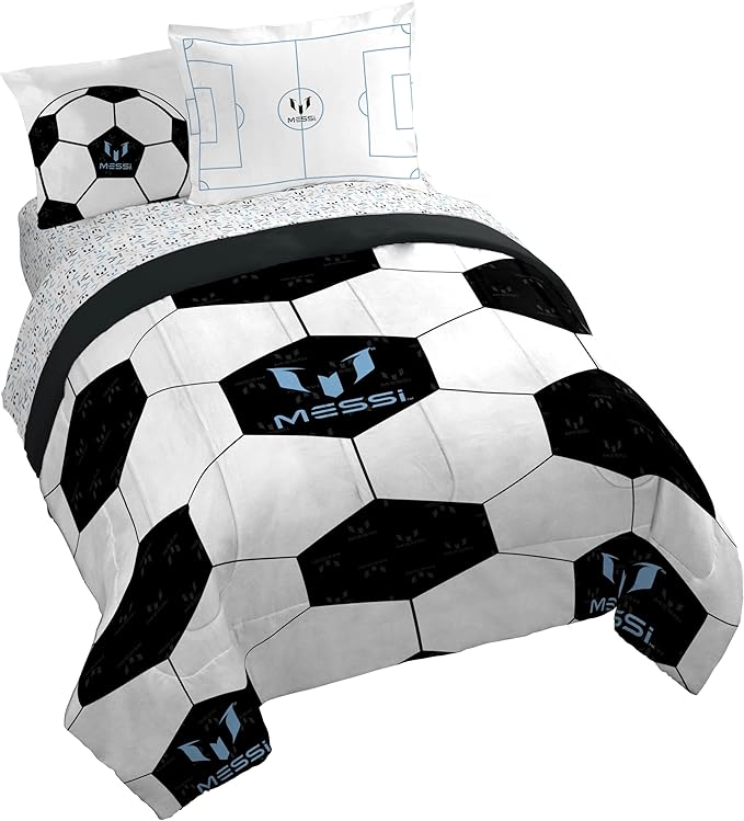 Jay Franco Kids Comforter Set Includes Sheets and Pillow Cover - Soft and Cozy Bed Set for Stylish Room Décor, White - Messi, 7 Piece Queen