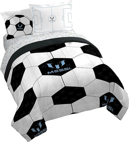 Jay Franco Kids Comforter Set Includes Sheets and Pillow Cover - Soft and Cozy Bed Set for Stylish Room Décor, White - Messi, 7 Piece Queen
