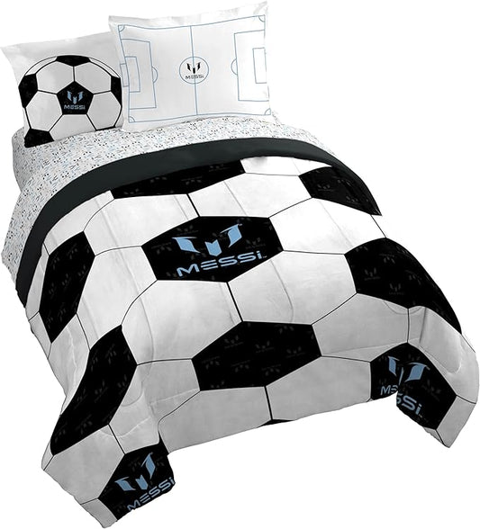 Jay Franco Kids Comforter Set Includes Sheets and Pillow Cover - Soft and Cozy Bed Set for Stylish Room Décor, White - Messi, 7 Piece Queen