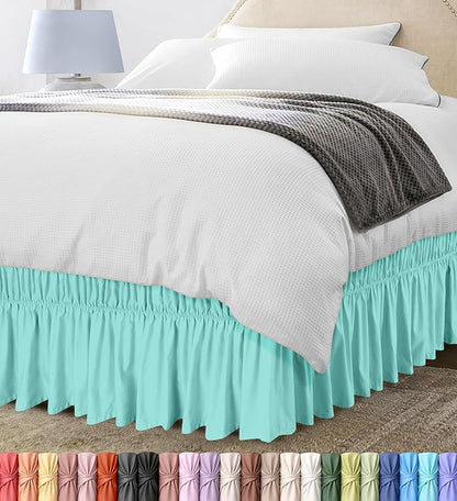 Wrap Around Ruffle Queen Size Bed Skirt – Adjustable Buckle & Elastic Belt for Easy Installation, 16 Inch Drop – Brushed Microfiber - Machine Washable, Fade and Wrinkle Resistant, Spa Blue