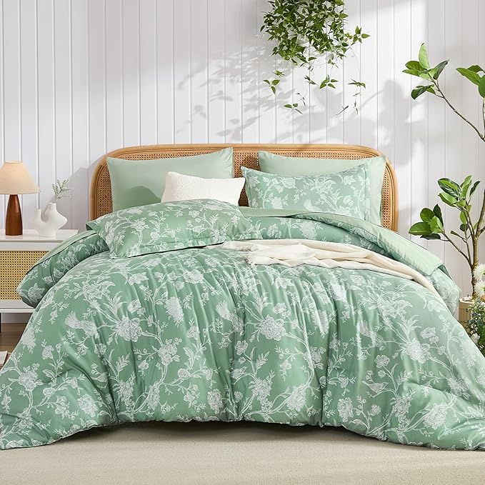 Luxudecor Floral Comforter Set Queen Size 7 Pieces, Green Flower with Bird Bed in a Bag, Soft Reversible Comforter with Sheet Bed Set 90"x90"