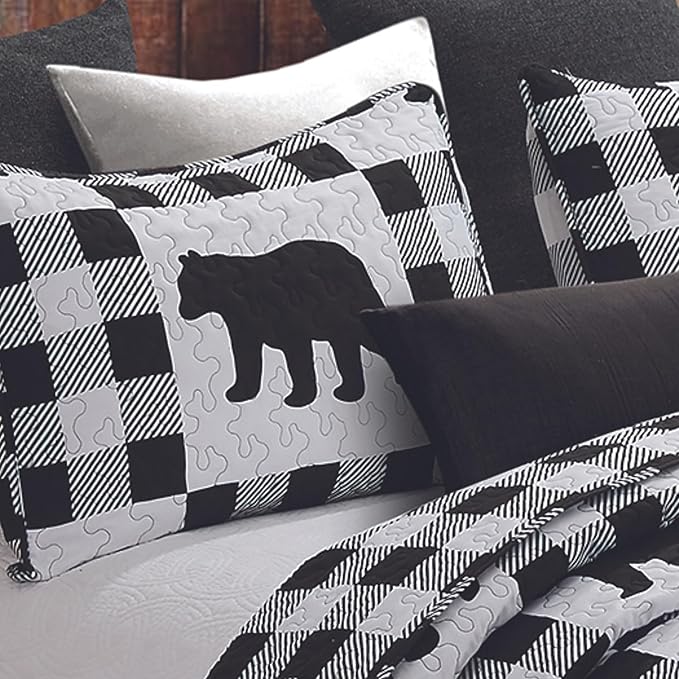 Virah Bella 3 Piece Queen Lodge Quilt Bedding Set - Buffalo Bear Plaid Black - Rustic Cabin Country Reversible Camping Comforter Set with Decorative Pillow Shams, Black/White