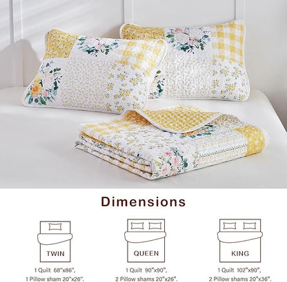 Joyreap 3 Pieces Floral Patchwork Quilt Set Queen, Yellow n White Flowers Design, Soft n Cozy Microfiber Quilt, Bedspread Bed Cover for All Season, 1 Quilt and 2 Pillow Shams- 90x90 inches