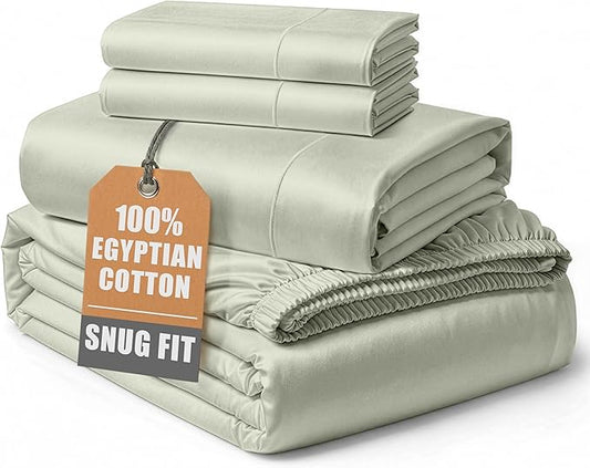 LANE LINEN 100% Egyptian Mercerized Cotton Full Size Bed Sheets Set, Eco Friendly Sustainably Produced No Pill Fade Resistant 15 Iinch Deep Pocket Full Sheets Set - Mineral