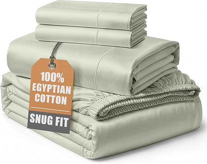 100% Egyptian Cotton Queen Bed Sheet Set – 4 Piece Queen Sheets Set, Breathable & Fade Resistant, Silky Sateen Weave for Winter Comfort, Ultra-Soft Hotel Luxury Bedding with 15" Deep Pocket - Mineral