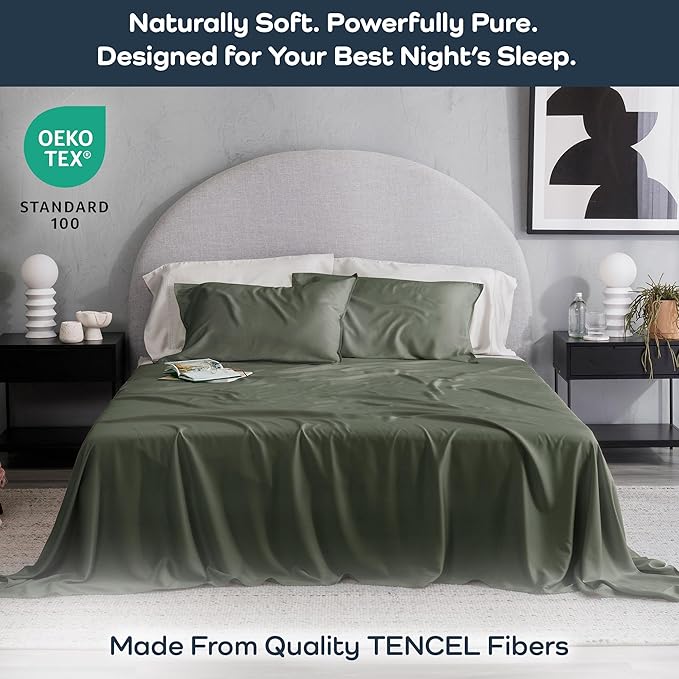 Olive + Crate Tencel Lyocell Eucalyptus Twin XL Sheets - Extra Long Sheet Set - Cooling Tencel Sheets for Hot Sleepers with 16 Inch Deep Pocket Fit - Moss 3-Piece Set