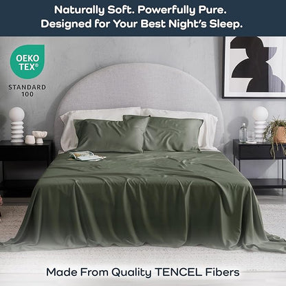 Olive + Crate Tencel Lyocell Eucalyptus Twin XL Sheets - Extra Long Sheet Set - Cooling Tencel Sheets for Hot Sleepers with 16 Inch Deep Pocket Fit - Moss 3-Piece Set