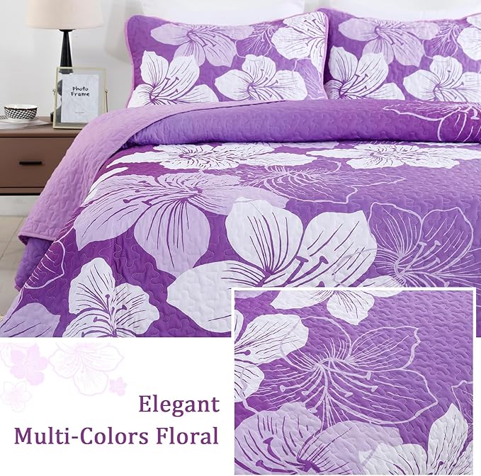 DJY Purple Floral Queen Quilt Set 3 Pieces Botanical Pattern Bedspread Summer Gradient Bedding Quilt Set with 2 Pillow Shams Soft Boho Microfiber Coverlet Set for All Season 90''x96''