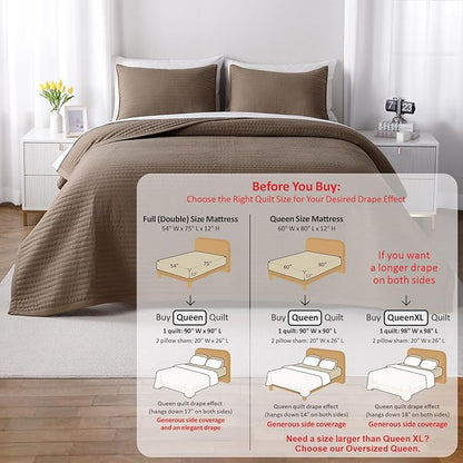 Queen Quilt Set – 90"x90" Soft Washed 3-Layer Lightweight Bedspread with Multi-Lock Quilting, Minimalist Nordic Bedding, All-Season Quilt for Spring, Summer & Fall (1 Quilt + 2 Pillow Shams), Cub