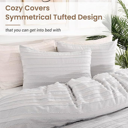 NEXHOME PRO Duvet Cover Queen,Light Grey 3 Pieces Boho Tufted Duvet Cover Set, Soft and Lightweight 100% Washed Microfiber Comforter Cover Set for All Season(Light Grey Queen, 90 x 90)-No Comforter
