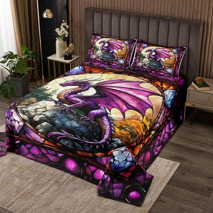 Western Dragon Kids Bedspread Queen Size,Purple Dragon Pine Trees Natural Coverlet Set,Boys Girls Room Decor,Glass Painting Geometric Quilted Coverlet,Unique Fashion Bedding Quilt,2 Pillowcases