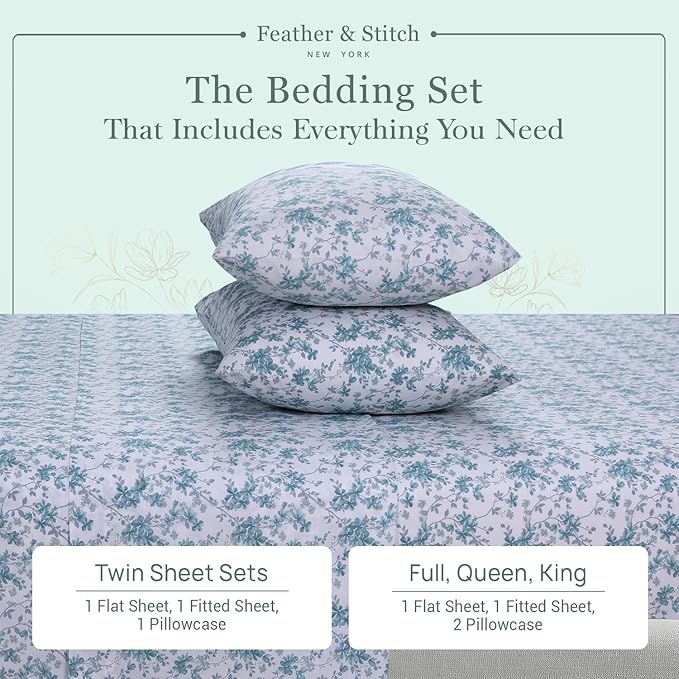 Feather & Stitch Softest 100% Cotton Sheets, 300 Thread Count Percale Weave Bedding, 16" Deep Pocket, Cooling Sheets, Breathable Bed Set, Hotel Premium Quality (King, Blue Floral)