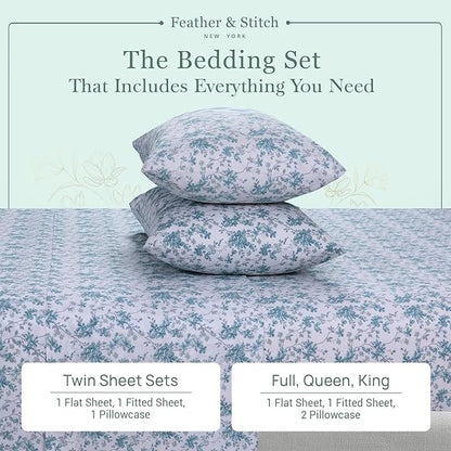 Feather & Stitch Softest 100% Cotton Sheets, 300 Thread Count Percale Weave Bedding, 16" Deep Pocket, Cooling Sheets, Breathable Bed Set, Hotel Premium Quality (Queen, Blue Floral)