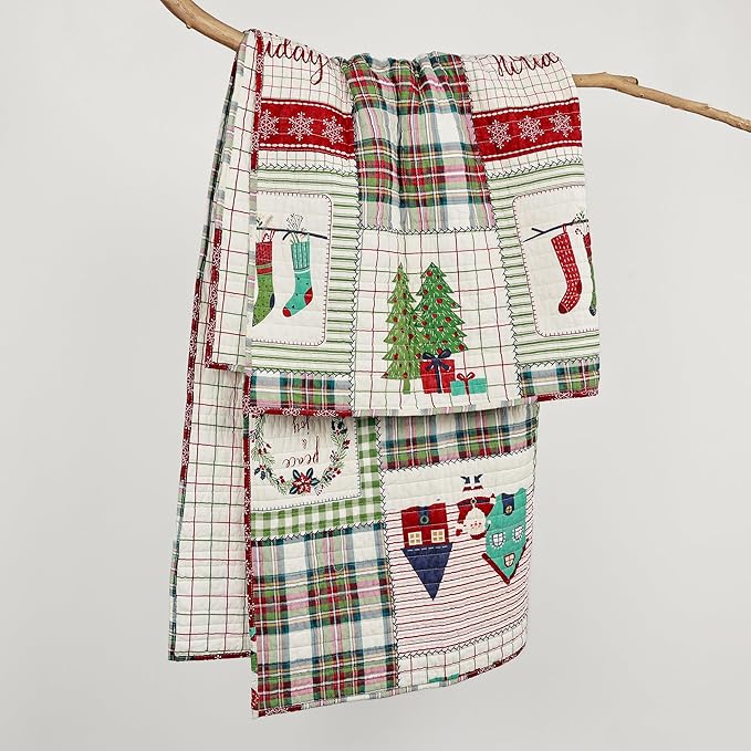 Levtex Home - Home for Christmas Sage - Quilted Throw (50x60in.) - Patchwork Holiday - Red Green White - Reversible - Cotton