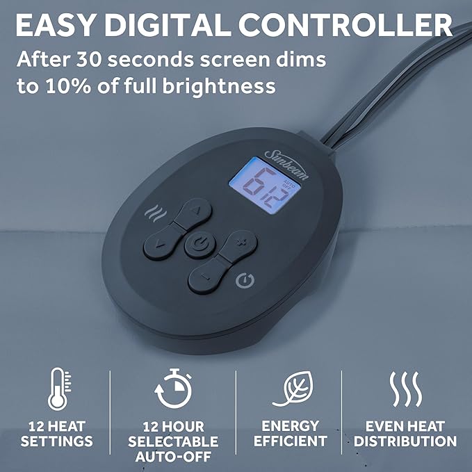 Sunbeam Electric Restful Quilted Heated Mattress Pad King 80" x 76" 12 Heat Settings 12-Hour Auto Shut-Off Extra-Cozy Fabric Deep Pocket Fit Machine Washable