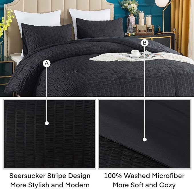 AveLom Seersucker Queen Comforter Set (90x90 inches), 3 Pieces - 100% Soft Washed Microfiber Lightweight Comforter with 2 Pillowcases, All Season Down Alternative Comforter Set for Bedding, Black