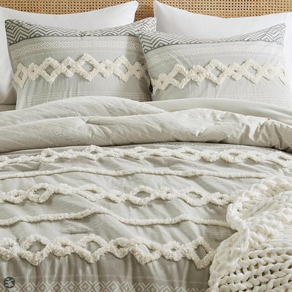 Hyde Lane Farmhouse Comforter Set Gray, Full/Queen Size Boho Bedding Sets, Cotton Top with Modern Neutral Style Clipped Jacquard Stripes, 3-Pieces Including Matching Pillow Shams (90x90 inches)