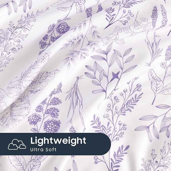 Wake In Cloud - Floral Duvet Cover Set, Botanical Vintage Flower Coquette Cottagecore Aesthetic for Women Teen Girls, Soft Lightweight Bedding, 3-Piece, Lilac, Queen Size