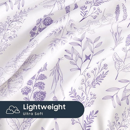 Wake In Cloud - Floral Duvet Cover Set, Botanical Vintage Flower Coquette Cottagecore Aesthetic for Women Teen Girls, Soft Lightweight Bedding, 3-Piece, Lilac, Queen Size