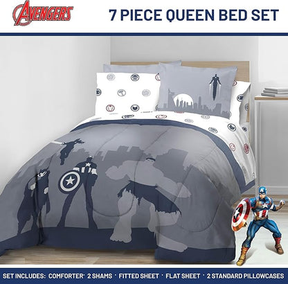 Jay Franco Marvel Avengers Queen Size Comforter Set - 7 Piece Bedding Includes Sheet Set & Pillow Covers - Super Soft Cozy Bedding with Captain America, Hulk, Iron Man and Thor