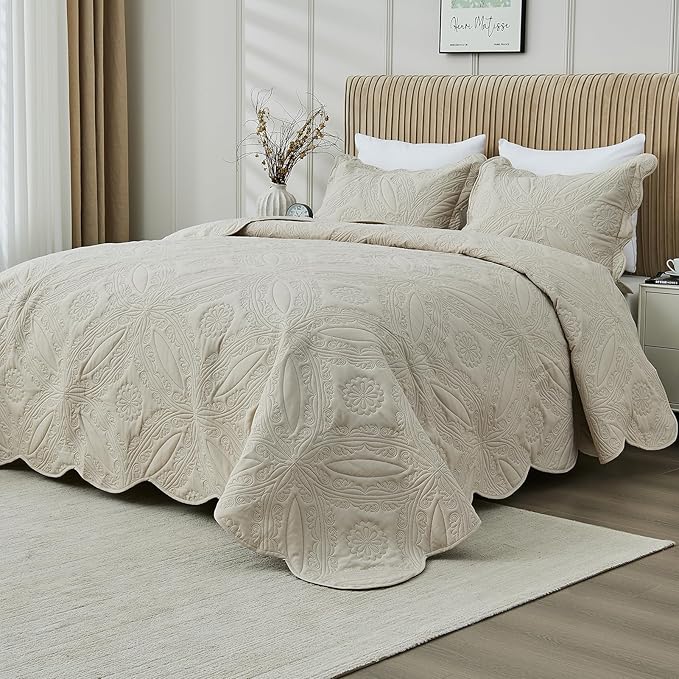 Kingnex Oversized King Bedspreads 128x120 for Extra Wide Tall King or Cal King Bed Ultrasonic Quilted Coverlet Set 3 Piece Include 1 Quilt 2 Pillowcases Beige