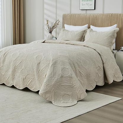 Kingnex Oversized King Bedspreads 128x120 for Extra Wide Tall King or Cal King Bed Ultrasonic Quilted Coverlet Set 3 Piece Include 1 Quilt 2 Pillowcases Beige