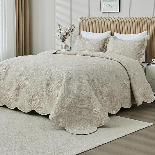 Kingnex Oversized King Bedspreads 128x120 for Extra Wide Tall King or Cal King Bed Ultrasonic Quilted Coverlet Set 3 Piece Include 1 Quilt 2 Pillowcases Beige