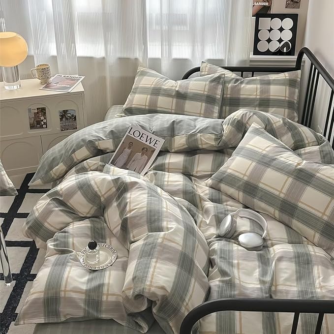 MKXI Vintage Green Plaid Duvet Cover Set with Checkered Design Farmhouse Look Gingham Modern Bedding Queen Size Classic Rustic Bedroom Collection for All Ages