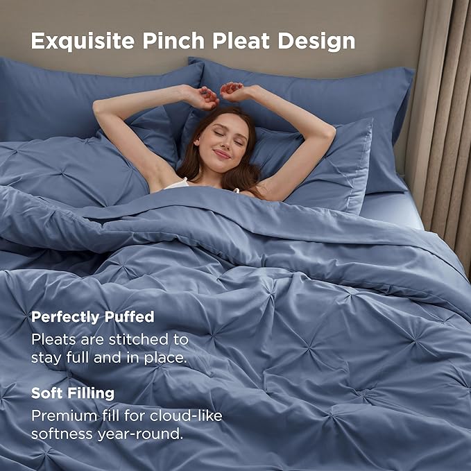 Bedsure Twin Comforter Set Slate Blue - Bed in a Bag Twin Size Bedding 5 Pieces, GentleSoft™ Pintuck Bed Set Gift for Family, Pinch Pleat Slate Blue Comforter with Sheets, Pillowcase & Sham