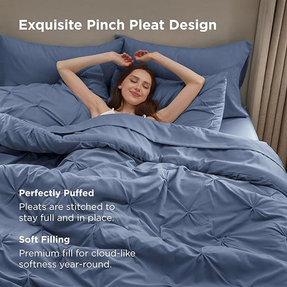 Bedsure Twin Comforter Set Slate Blue - Bed in a Bag Twin Size Bedding 5 Pieces, GentleSoft™ Pintuck Bed Set Gift for Family, Pinch Pleat Slate Blue Comforter with Sheets, Pillowcase & Sham