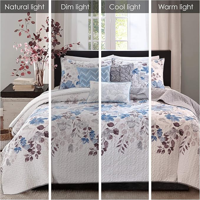 Madison Park Luna Quilt Modern Classic Design All Season, Breathable Coverlet Lightweight Bedding Set, Matching Shams, Decorative Pillow, King/Cal King(104"x94"), Floral Blue 6 Piece