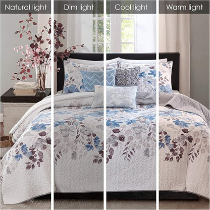 Madison Park Luna Quilt Modern Classic Design All Season, Breathable Coverlet Lightweight Bedding Set, Matching Shams, Decorative Pillow, King/Cal King(104"x94"), Floral Blue 6 Piece