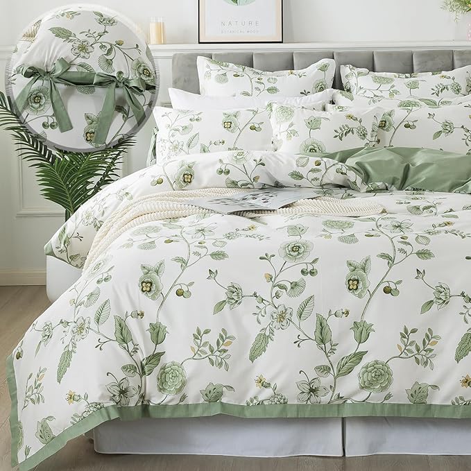 FADFAY Green Duvet Cover Set Twin Floral Bedding 100% Cotton Shabby Vintage Reversible Zipper Farmhouse Comforter Cover Flower Print Bed Covers Girls Kids Pretty Bowknot Soft Breathable 3Pcs