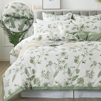 FADFAY Green Duvet Cover Set Twin Floral Bedding 100% Cotton Shabby Vintage Reversible Zipper Farmhouse Comforter Cover Flower Print Bed Covers Girls Kids Pretty Bowknot Soft Breathable 3Pcs