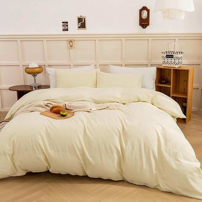 ECOCOTT Duvet Cover King Size, 100% Washed Cotton Linen-Like Soft & Breathable, Durable Comfy Bedding Set for All Seasons Light Yellow