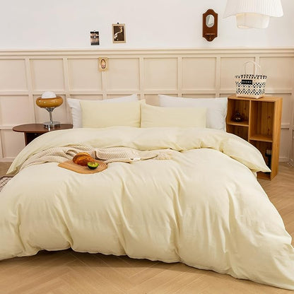 ECOCOTT Duvet Cover Set, 100% Washed Cotton Linen-Like Soft & Breathable, Durable Comfy Bedding Set for All Seasons (Light Yellow, Queen)