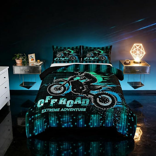Feelyou Dirt Bike Comforter Set Queen Size Extreme Sports Comforter Racing Motocross Rider Bedding Set Motorcycle Duvet Set Room Decor Blue Green Quilt Set