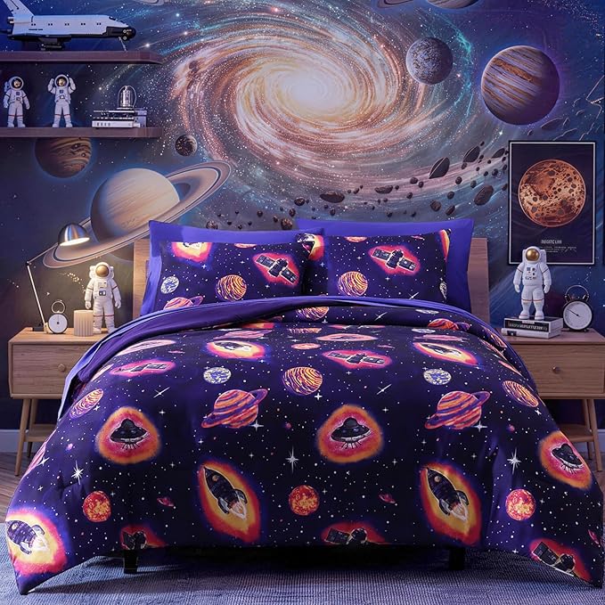 Full Kids Comforter Set - 7 Pieces Full Bedding Sets for Boys Teen, Outer Space Rocket Bed in A Bag with Sheets