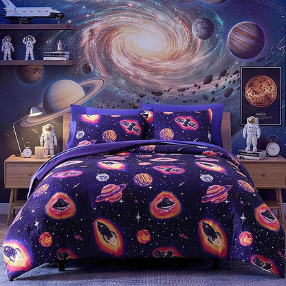 Full Kids Comforter Set - 7 Pieces Full Bedding Sets for Boys Teen, Outer Space Rocket Bed in A Bag with Sheets