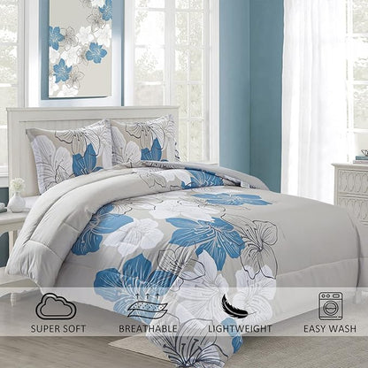 Menghomeus Floral Comforter Set Full Blue Floral Pattern Printed on Grey, Soft Microfiber Bedding Set Lightweight Boho Bed Set for All Season (1 Comforter, 2 Pillowcases)