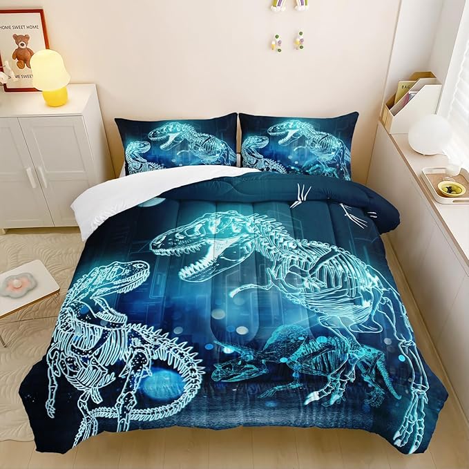 Dinosaur Comforter Set for Teens Boys Girls,Dino Eyes 3 Pieces Bedding Set King,Dark Blue Lightweight Down Alternative Bedding Sets for All Season