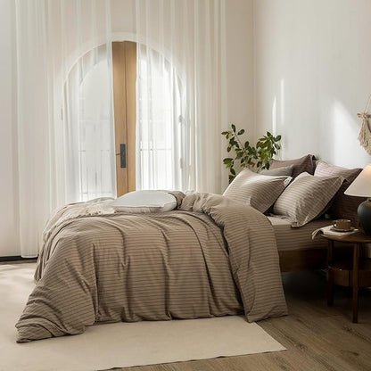 Stripe Duvet Cover Queen Size 90inch x 90inch,100% Washed Cotton Pinstripe Duvet Cover with Zipper Closure and 2 Pillowcases, Color of Light Camel-Black Stripe