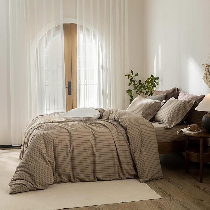 Stripe Duvet Cover King Size 104inch x 90inch,100% Washed Cotton Pinstripe Duvet Cover with Zipper Closure and 2 Pillowcases, Color of Light Camel-Black Stripe