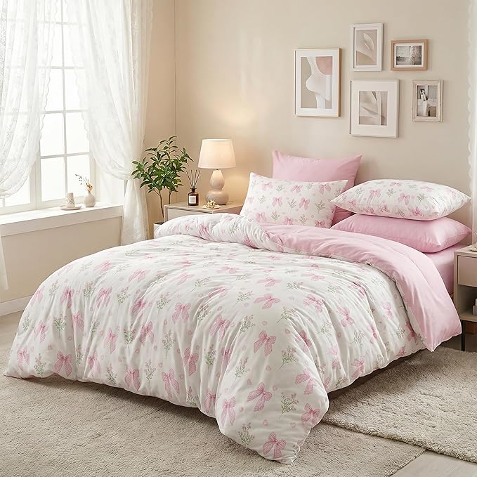 Nayoroom Pink Bow Comforter Set Full Size Coquette Pink Floral Comforter 3 Pieces Soft Lightweight Kids Girls Cute Aesthetic Dorm Bedding Set for All Seasons