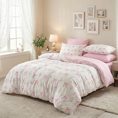 Nayoroom Pink Bow Comforter Set Queen Size Coquette Pink Floral Comforter 3 Pieces Soft Lightweight Kids Girls Cute Aesthetic Dorm Bedding Set for All Seasons