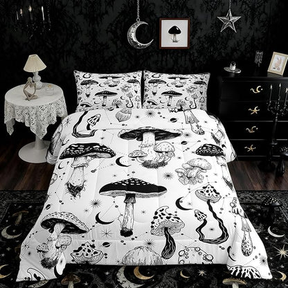 Wild Mushroom Comforter Set Queen Size,Abstract Sun Moon Starry Quilt Set Gothic Plants Bedding Set for Kids Boys Teens Room Decor,Black White Sketch Style Duvet Insert with 2 Pillowcases