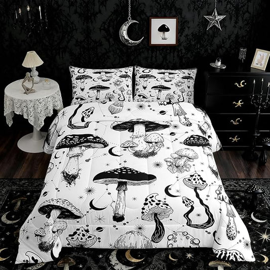 Castle Fairy Wild Mushroom Comforter Set Full Size,Abstract Sun Moon Starry Bedding Set Gothic Plants Quilt Set for Kids Boys Teens Room Decor,Black White Sketch Style Duvet Insert with 2 Pillowcases